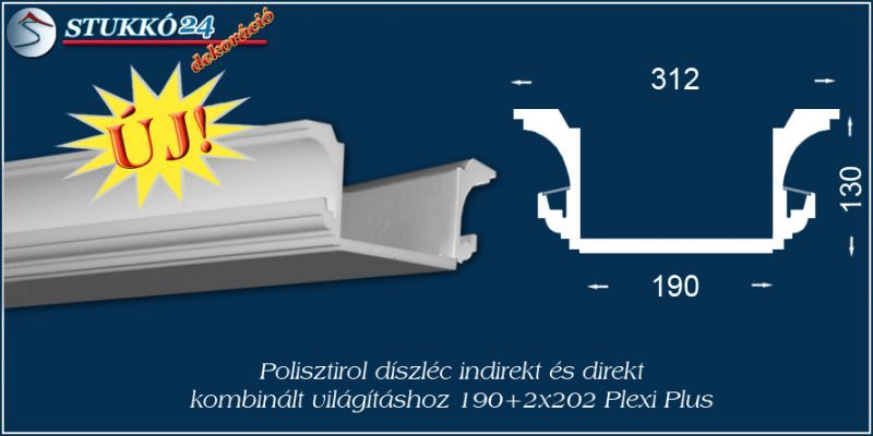 Budapest polisztirol díszléc LED rejtett világítás és spot lámpa kiépítéséhez 190+2x202