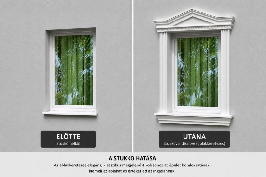 Az ablakkeretező stukkó már egyetlen nyílászárón is látványos különbséget eredményez.