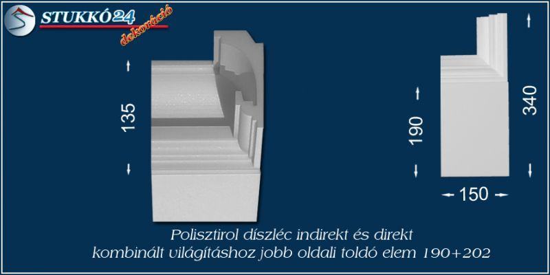 Direkt spot és indirekt led világítás Budapest polisztirol profil jobb oldali toldó elem 190+202