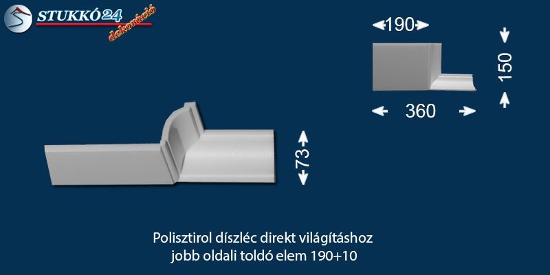 Polisztirol díszléc direkt világításhoz jobb oldali toldó elem 190+10