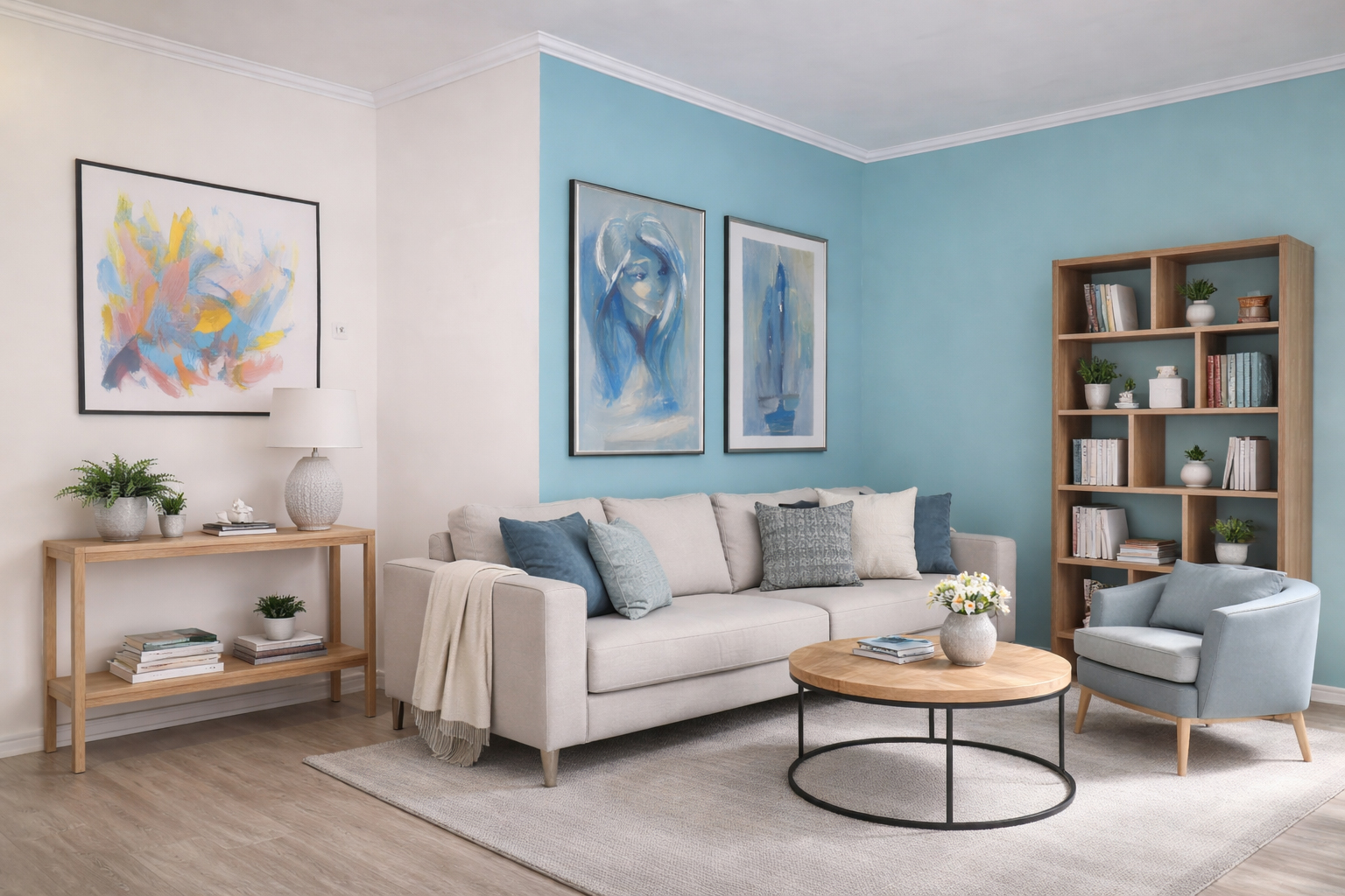 Beltéri díszléc modern nappali világos kék árnyalatokkal Beltéri díszléc modern nappali világos kék árnyalatokkal