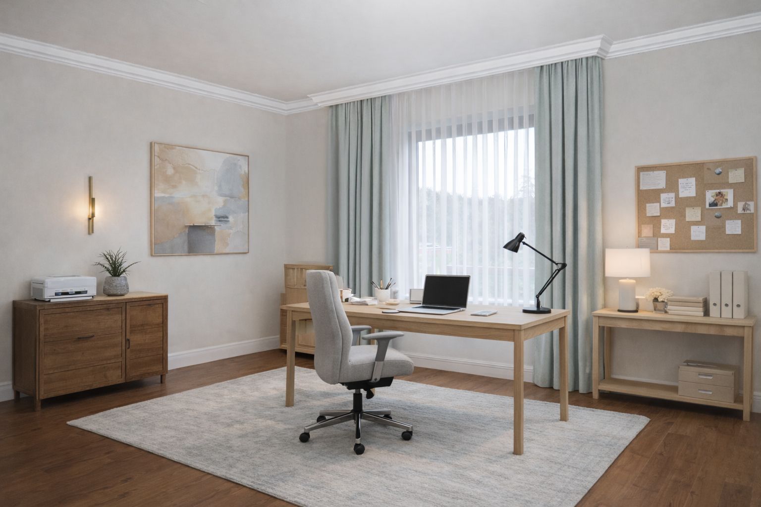 Függönykarnis eltakarása hangulatos otthoni irodában az Abony 21 karnistakaró díszléccel
