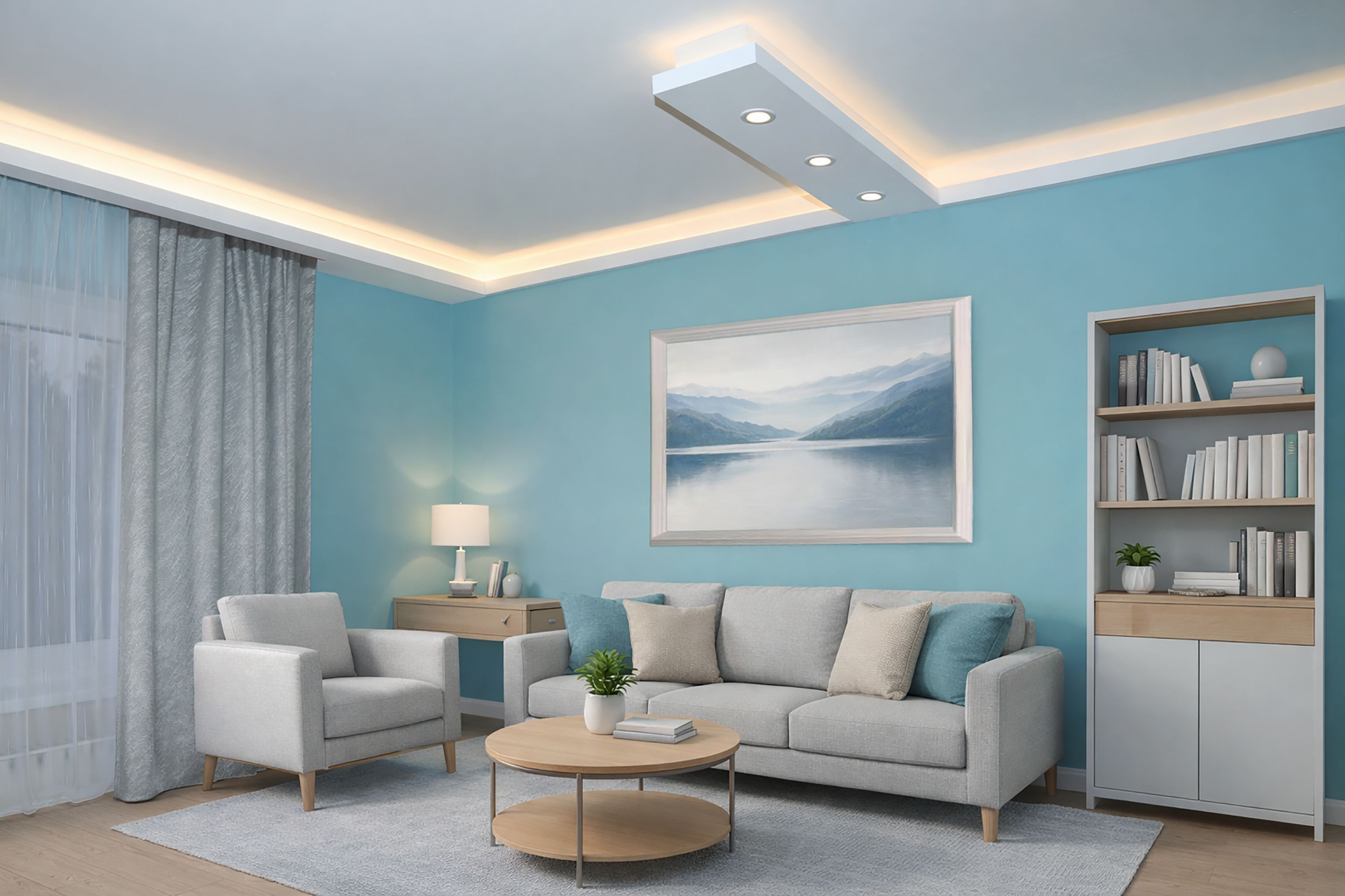 klasszikus oldalfali díszléc ledes stukkóval kombinálva modern nappaliban