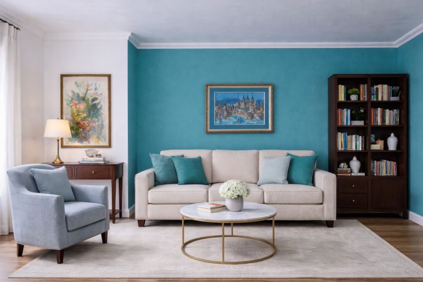 Stukkódíszítés modern tengerkék nappali Stukkódíszítés modern tengerkék nappali